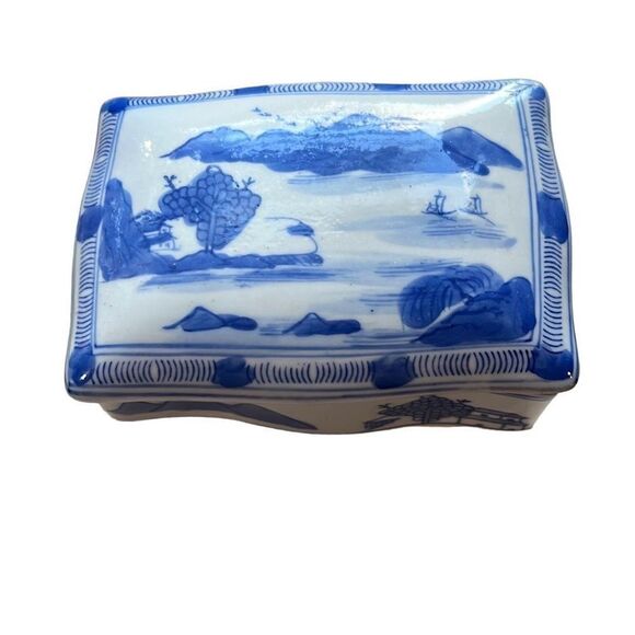 Vtg. Japanese Hand Painted Ceramic Cigarette Trinket Box Town Painted Blue - Picture 7 of 9